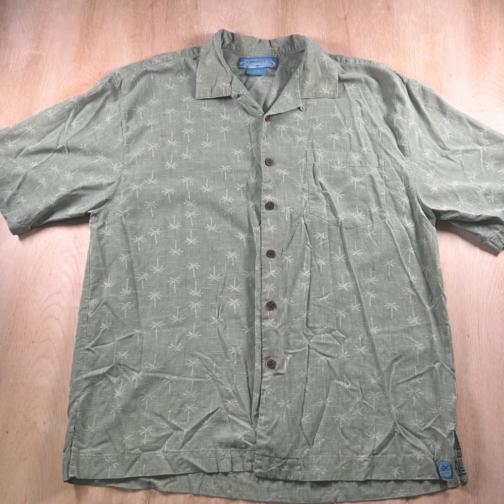 Bermuda Bay Mens XL Silk Camp Shirt Sage Green Palm Tree Embroidered Tropical